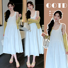 实拍现现 春装孕妇装韩版宽松背心裙+防晒孕妇两件套套装连衣裙