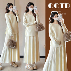 实拍现现 韩版孕妇装加厚孕妇两件套抽绳上衣+百折半身裙套装