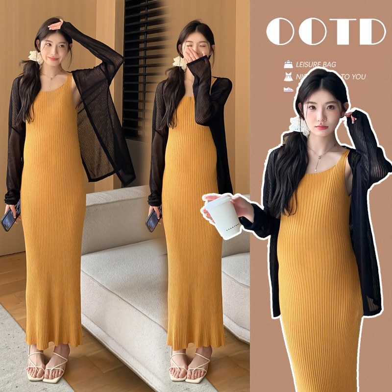 실사 인터넷 유명인 출산 착용 자외선 차단 패션 슬림해 보이는 슬립 드레스 품격 임산부 투피스 세트 임산부 세트