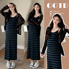 批发实拍现现 新款<b class='q'>孕妇</b><b class='q'>春装</b>条纹针织吊带裙＋开衫两件套<b class='q'>修身</b>显瘦套装