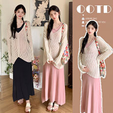 批发实拍现现 韩版<b class='q'>宽松</b>两件套超薄针织防晒衫+吊带裙慵懒风孕妇两件套