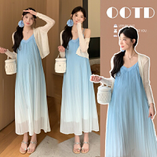 实拍现现 网红孕妇装韩版百褶吊带裙+防晒外套孕妇两件套连衣裙