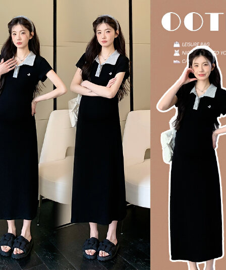 실사 지금 지금 여름 작은 키 출산 착용 한국 스타일 패션 몸매 가꾸기 슬림해 보이는 패치워크 자수 임산부 드레스