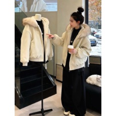 批发<b class='q'>高级</b>感白色毛毛领派克服棉衣女秋冬加厚保暖连帽外套宽松大码棉服