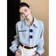 批发独特漂亮巨好看蓝色Polo领针织上衣女2026新款春季高级感通勤衬衣