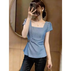 批发蓝色不规则方领波点<b class='q'>衬衫</b>女夏季新款韩版高级女装收腰显瘦气质上衣