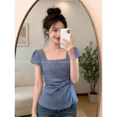 批发法式设计感波点短袖<b class='q'>衬衫</b>女2026年夏季修身方领收腰显瘦高级感上衣