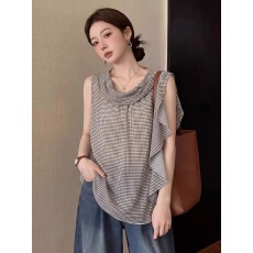 批发2026夏季新款韩系格子无袖<b class='q'>背心女</b>外穿宽松荷叶边飘带设计感上衣潮