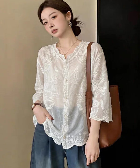 프랑스식 느긋한 바람 자카드 7부 소매 여성 셔츠 여름 자외선 차단 문예 우아함 루즈핏 품격 슬림해 보이는 휴가 바람