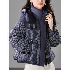 批发拼色格子短款羽绒服女2026新款小个子时尚减龄连帽轻薄白鸭绒外套