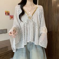 批发<b class='q'>大码</b><b class='q'>女装</b>设计感波点亮片独特V领雪纺衬衫胖妹妹遮肚百搭上衣