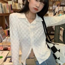 批发【现货+原版面料】衬衫柔软薄款翻领<b class='q'>棋盘</b><b class='q'>格</b>长袖修身上衣女