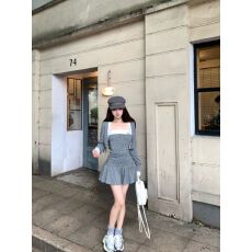 批发复古撞色波点长袖开衫<b class='q'>外套</b>上衣女秋季甜辣妹套装抹胸<b class='q'>连衣裙</b>两件套