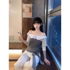 批发韩系撞色拼接条纹一字肩长袖<b class='q'>衬衫</b>女早秋打底收腰绑带性感露肩上衣