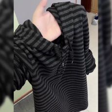 批发长袖连帽拼色条纹上衣女2025早秋潮流时尚百搭<b class='q'>休闲</b>简约设计感小衫