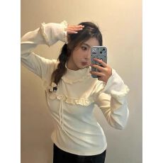 批发【270克德绒】蝴蝶结系带花边T恤女半高领内搭打底<b class='q'>长袖</b>上衣