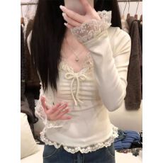 批发【德绒1*1】纯欲辣妹蝴蝶结<b class='q'>蕾丝</b>v领长袖t恤女秋冬季修身<b class='q'>上衣</b>