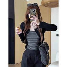 批发【官图 原版布料】撞色<b class='q'>条纹</b>吊带背心+长袖薄款开衫上衣两件套女