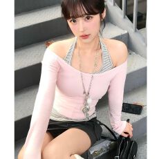 批发韩系长袖t恤女冬季露肩辣妹条纹挂脖<b class='q'>吊带</b>背心两件套叠穿<b class='q'>打底</b>上衣