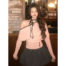 批发【人棉莫代尔1*1随心裁】韩系斜肩长袖t恤女秋<b class='q'>冬</b>挂脖撞色露肩上衣