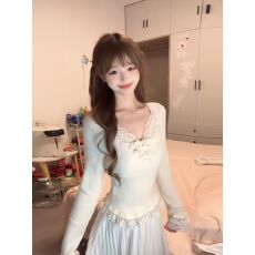 批发【德绒1*1】韩系气质长袖蕾丝拼接V领女秋<b class='q'>冬</b>新款修身显瘦内搭上衣