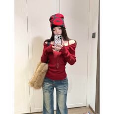 批发人棉磨毛内搭红色吊带露肩针织衫女装秋冬气质<b class='q'>百搭</b>收腰显瘦上衣