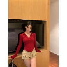 批发【260克人棉<b class='q'>莫代尔</b>】红色V领长袖正肩<b class='q'>T</b><b class='q'>恤</b>女修身上衣