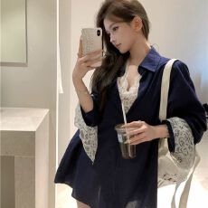 批发原版优质面料 藏青色气质polo领长袖<b class='q'>衬衫</b>宽松中<b class='q'>长款</b>防晒外套上衣