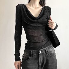 批发原版面料 独特别致<b class='q'>亮片</b>长袖女设计感时尚微透修身显瘦辣妹上衣潮