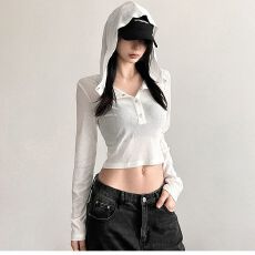 批发原版面料和做法 <b class='q'>欧美</b>高腰女长袖修身微透百搭设计感短上衣内搭潮