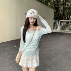 批发雪花天丝+纯棉背心 <b class='q'>蕾丝</b>吊带背心露肩抽绳薄款长袖防晒<b class='q'>罩衫</b>女套装