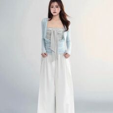 批发荡领天丝白色条纹抹胸两件套春季新款冰川蓝罩衫上衣