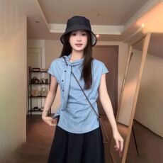 批发原版品质<b class='q'>胖</b>妹妹条纹小飞袖飘带斜门襟衬衫夏季显瘦褶皱上衣