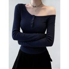 批发260克人棉藏青色斜肩<b class='q'>长</b>袖女春季2026辣妹修身显瘦露肩打底衫上衣