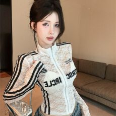 批发美式运动蕾丝长袖t恤女夏季纯欲辣妹<b class='q'>短款</b>立领小上衣防晒<b class='q'>开衫</b>罩衫