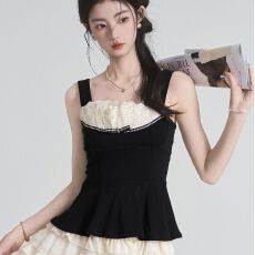 批发蕾丝拼接黑色无袖吊带背心女修身显瘦外穿百搭小众上衣2026夏季