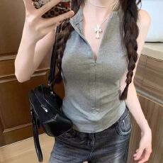 批发美式辣妹高级感别致半拉链无袖背心女夏季修身显瘦收腰打底衫上衣
