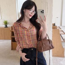 批发原版面料韩版复古单排扣彩色褶皱格翻领夏季<b class='q'>长袖</b>防晒<b class='q'>衬衫</b>宽松上衣
