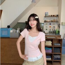 批发2026夏季新款粉色拼接假两件蕾丝短袖t恤女韩系穿搭独特漂亮上衣