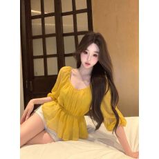 批发v领抽绳收腰泡泡袖<b class='q'>雪纺</b><b class='q'>衬衫</b>女夏季轻薄防晒<b class='q'>衬衣</b>温柔显瘦上衣