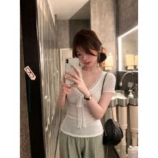 批发莱赛尔天丝韩版新款蕾丝拼接V领T恤修身蝴蝶结系带上衣短袖女