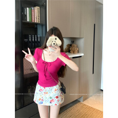 批发韩版新款甜辣妹蕾丝边圆领系带短袖T恤女装夏季减龄修身上衣短袖