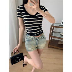批发原版条纹天丝黑白条纹短袖T恤女韩版V领<b class='q'>修身</b>收腰短款纯欲风上衣女