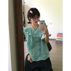 批发格纹背心上衣女夏新款穿搭小飞袖宽松独特漂亮小个子绝美小衫