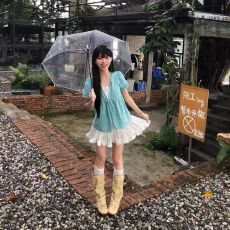 批发薄荷绿格纹假两件娃娃衫女夏木耳边系带泡泡袖减龄短袖衬衫