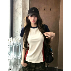 批发【纯棉】韩系拼接撞色短袖t恤女春夏新款宽松显瘦<b class='q'>时尚</b>上衣女