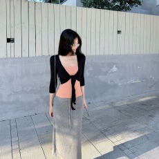 批发羊绒七分袖绑带开衫女秋季2026新款穿搭设计感短款上衣吊带两件套