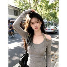 批发甜辣妹露肩挂脖打底衫女内搭设计感长袖t恤灰色上衣