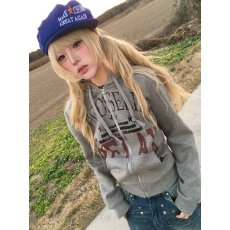 批发美式复古印花薄绒廓形连帽卫衣vintage<b class='q'>街头</b>正肩休闲开衫外套