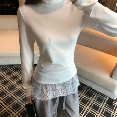 批发人棉磨毛甜美风蕾丝花边半高领内搭长袖<b class='q'>t</b><b class='q'>恤</b>女秋冬季修身打底上衣